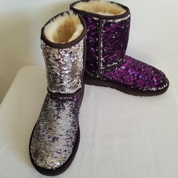 New Ugg Purple Silver Sequin Sparkle Short Boots - Picture 1 of 10